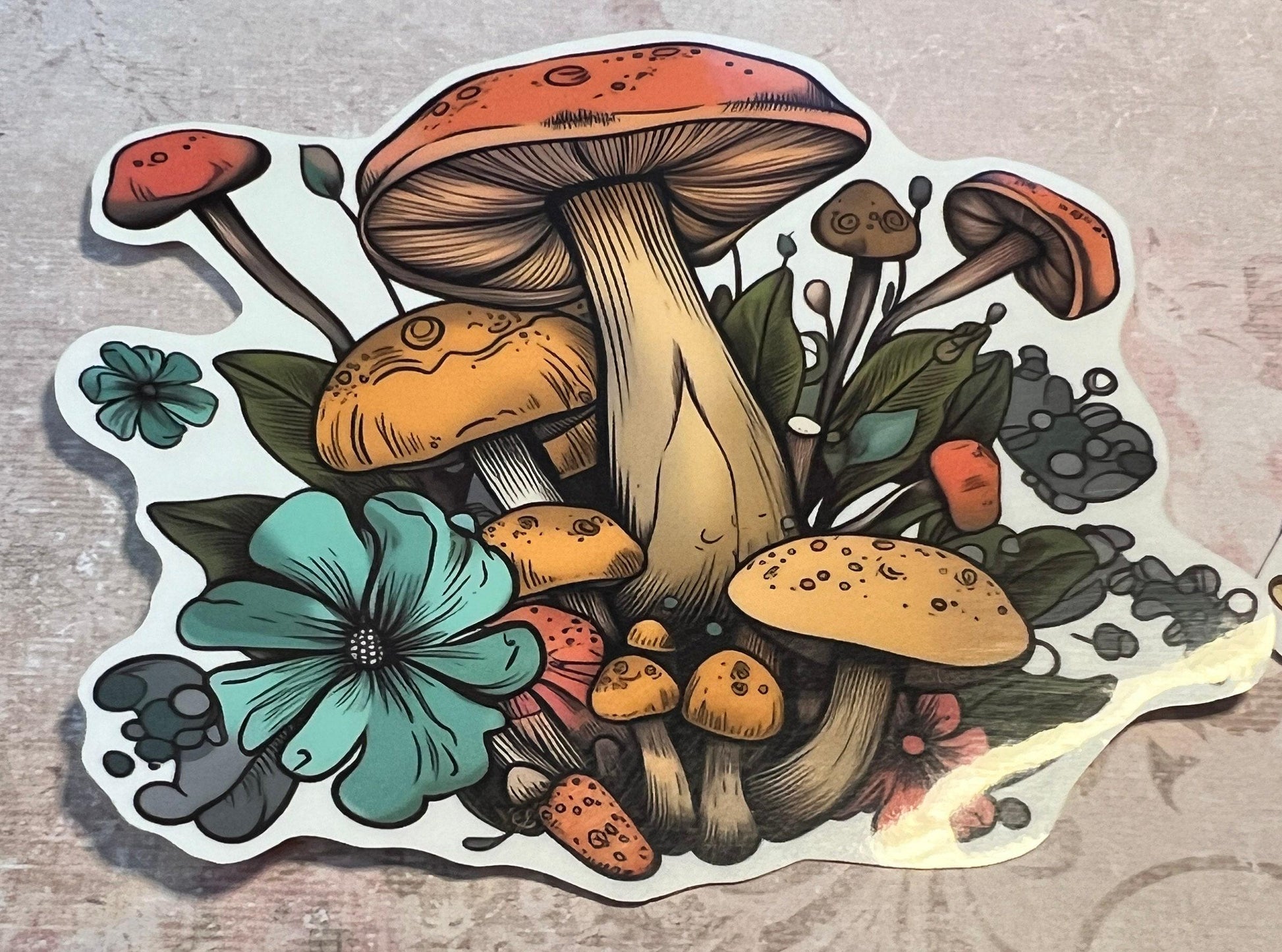 Mushroom sticker with fall color mushrooms, featuring a large mushroom  with smaller mushrooms underneath it, and includes a blue flower0 (etsy image id: 6616353619)