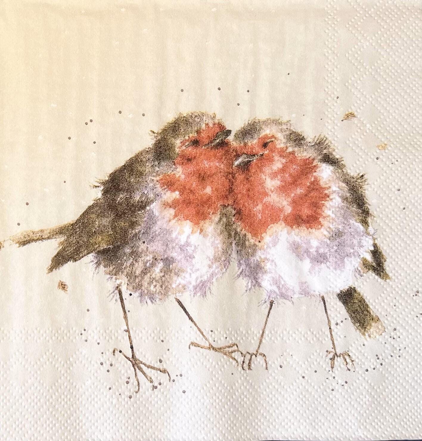 Features two watercolor stylized robins in brown and reddish orange with tier little heads together in a cute pose (etsy image id: 6720419438)