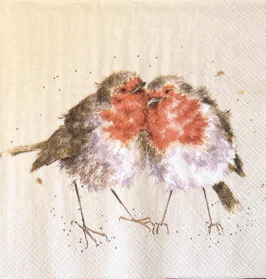 Features two watercolor stylized robins in brown and reddish orange with tier little heads together in a cute pose (etsy image id: 6720419438)