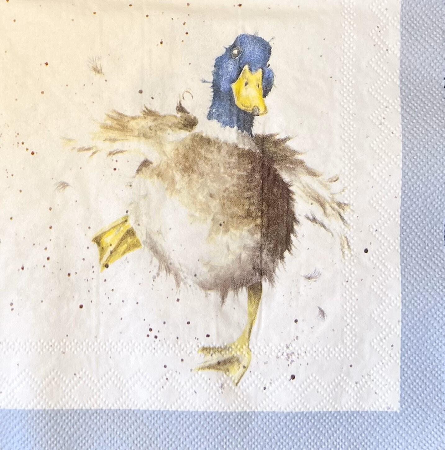 Features a happy go lucky duck in a watercolor style with a pretty blue head, yellow beak, yellow webbed feet white belly, and brownish feathers. It appear the duck is frolicking with one foot in the air. (etsy image id: 6768454081)