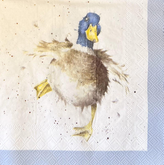 Features a happy go lucky duck in a watercolor style with a pretty blue head, yellow beak, yellow webbed feet white belly, and brownish feathers. It appear the duck is frolicking with one foot in the air. (etsy image id: 6768454081)