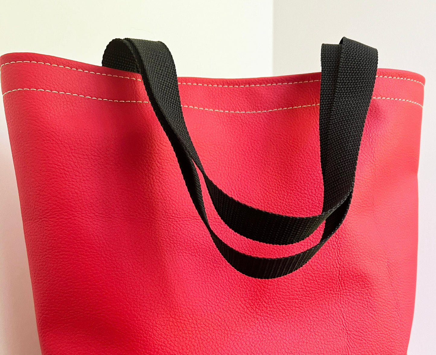 Soft red Vinyl Tote bag with Black 1 inch nylon handle (etsy image id: 7760612520)