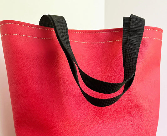 Soft red Vinyl Tote bag with Black 1 inch nylon handle (etsy image id: 7760612520)