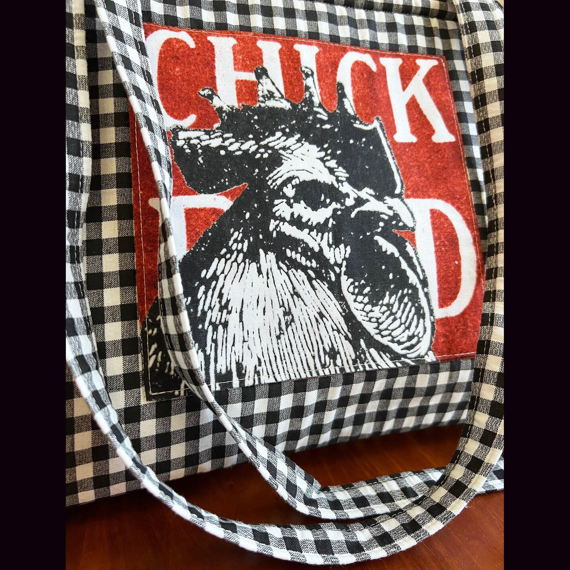 Chicken Market Tote: Black Gingham Handbag with Snap Closure (etsy image id: 7760614542)