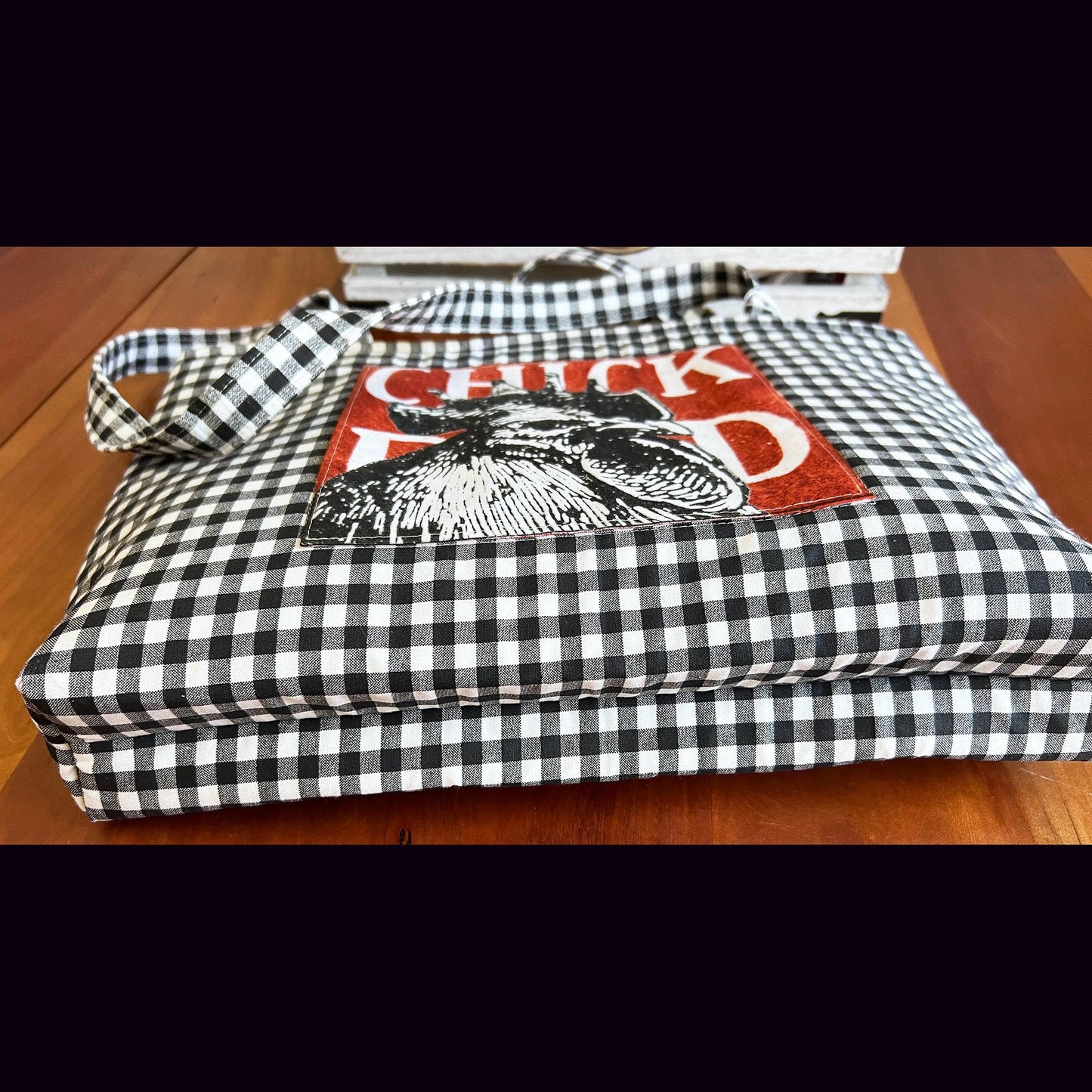 Chicken Market Tote: Black Gingham Handbag with Snap Closure (etsy image id: 7760614666)