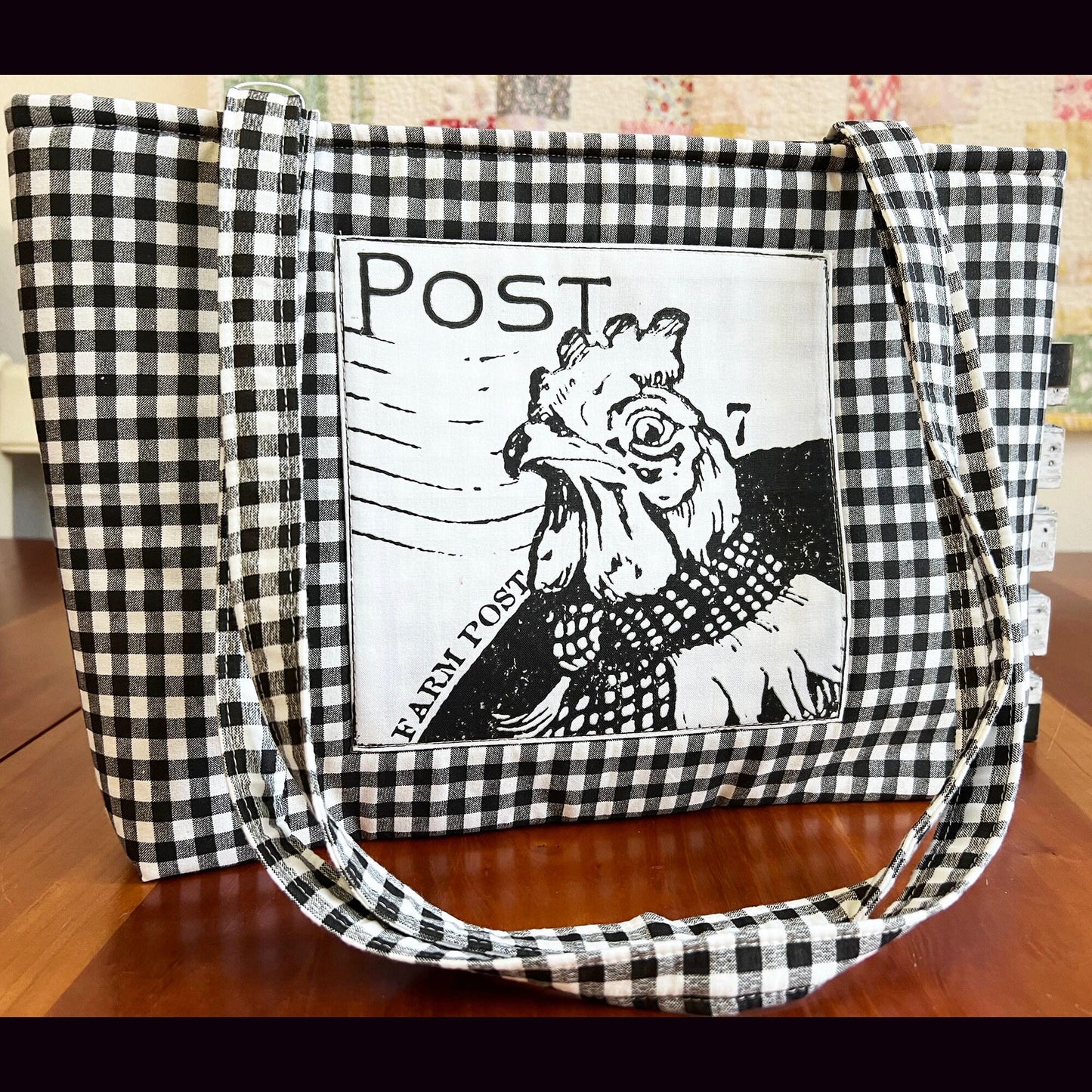 Chicken Market Tote: Black Gingham Handbag with Snap Closure (etsy image id: 7760614776)