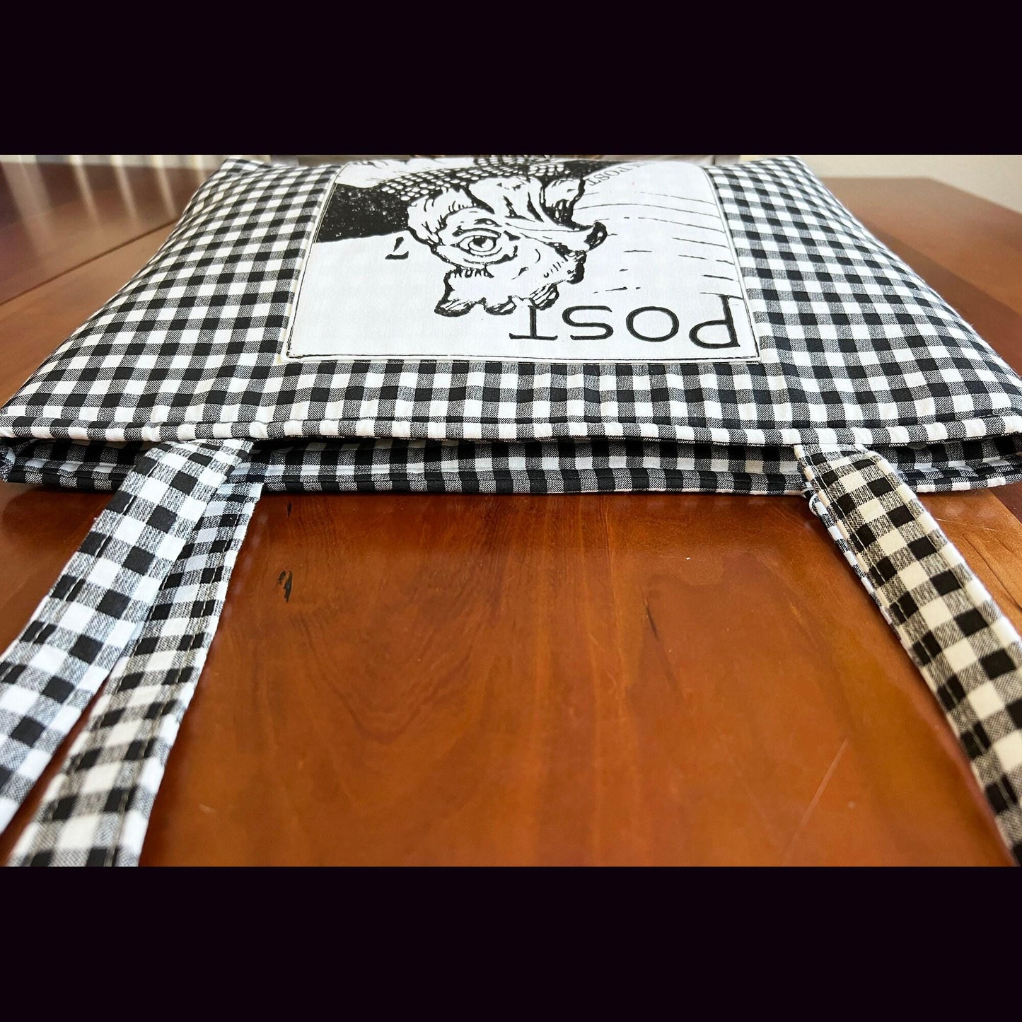 Chicken Market Tote: Black Gingham Handbag with Snap Closure (etsy image id: 7760614908)