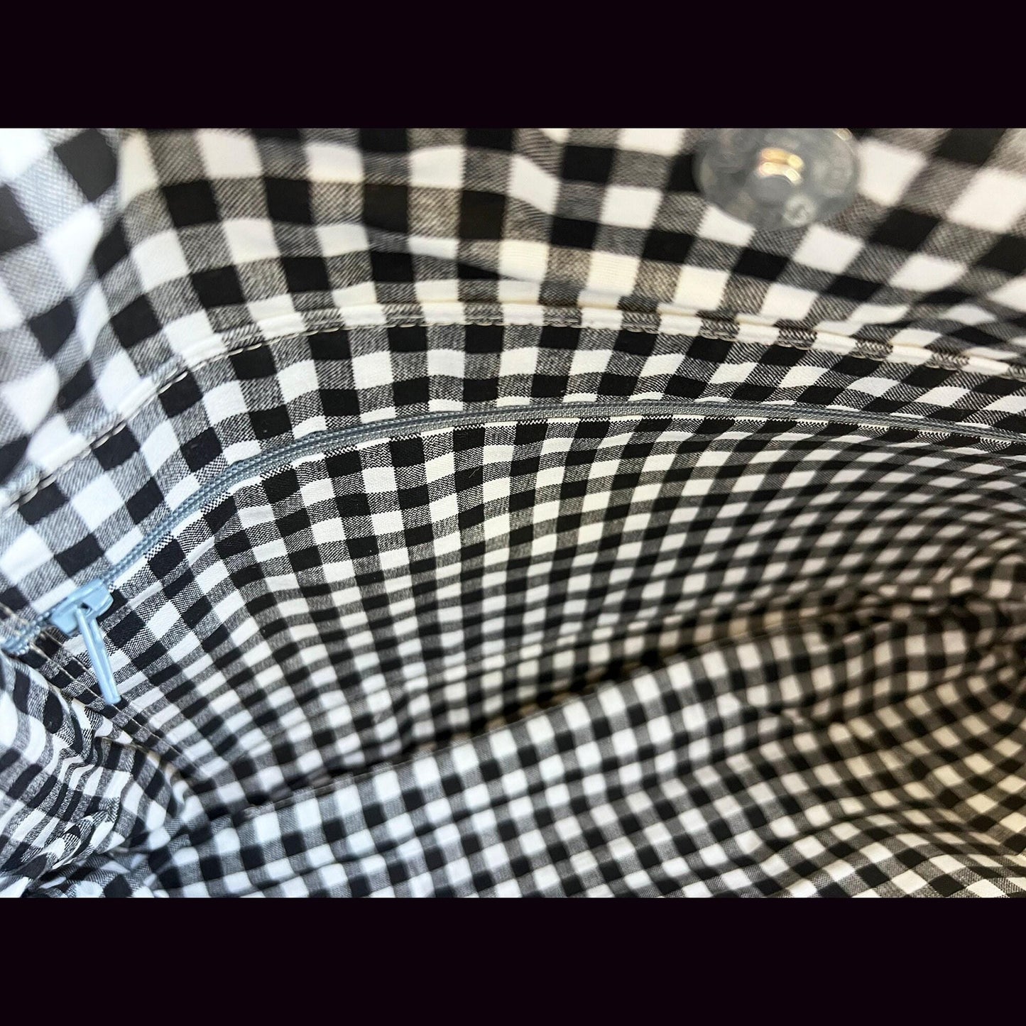 Chicken Market Tote: Black Gingham Handbag with Snap Closure (etsy image id: 7760615050)
