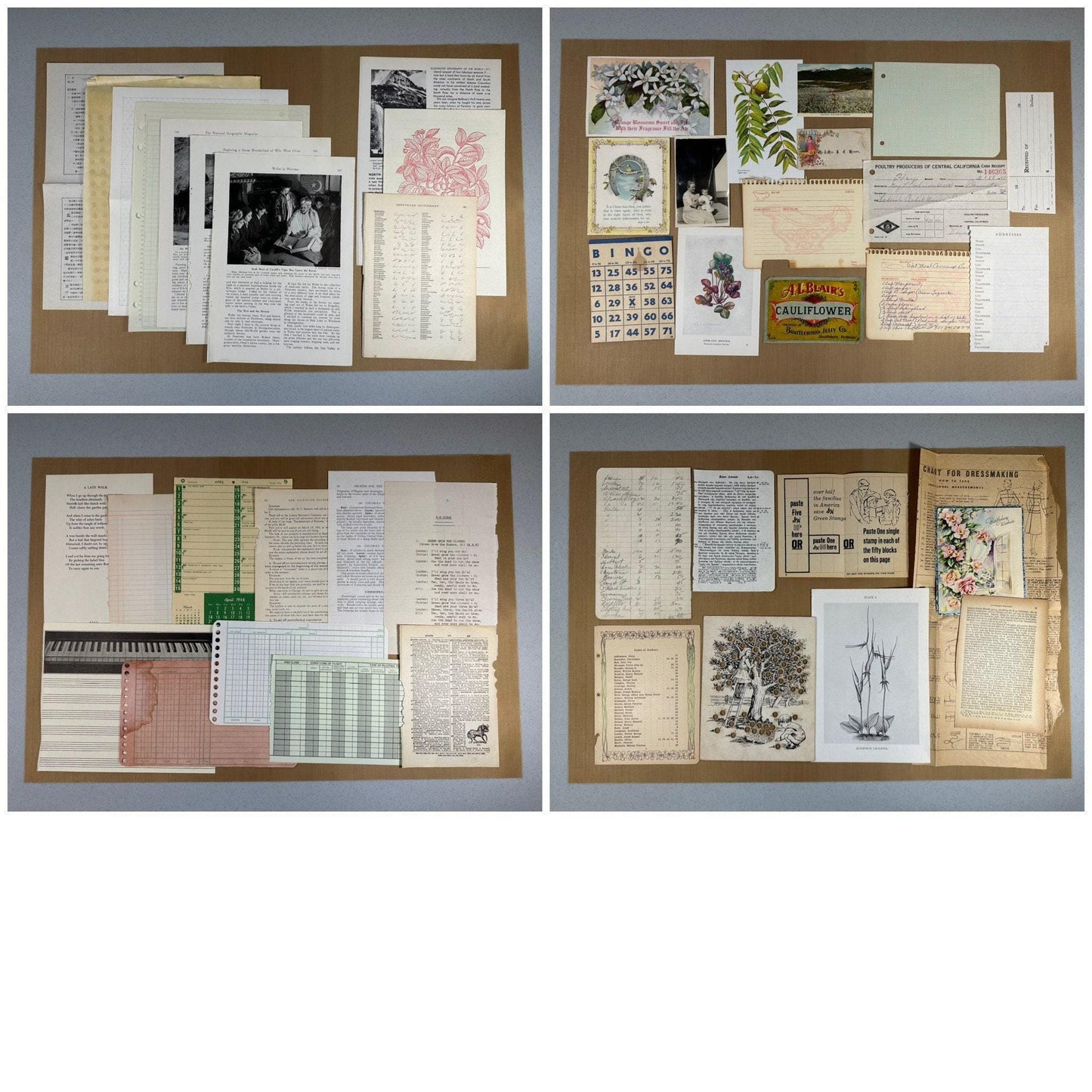 This shows a collection of vintage and antique paper ephemera in full pages and smaller items (etsy image id: 7760616414)