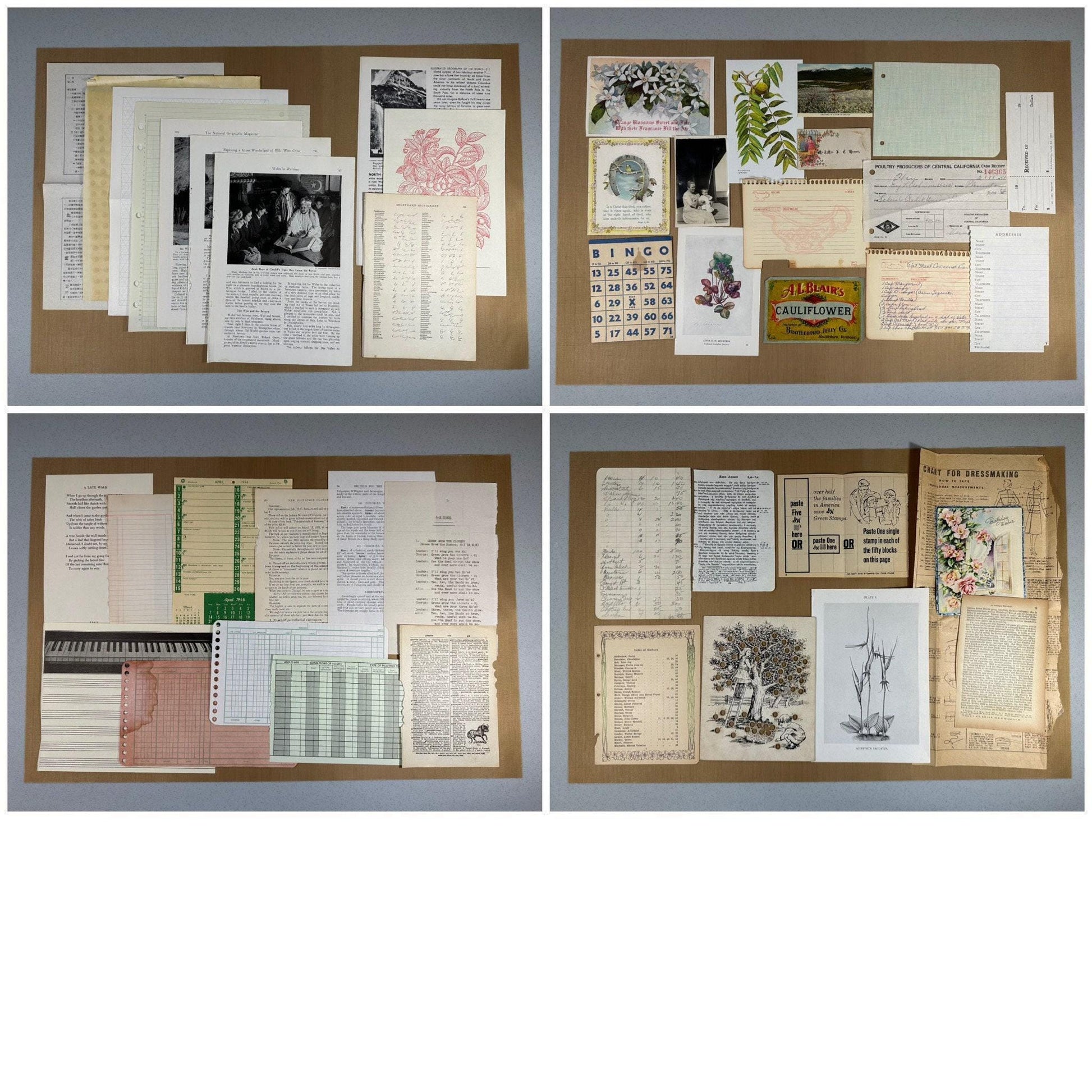 This shows a collection of vintage and antique paper ephemera in full pages and smaller items (etsy image id: 7760616414)