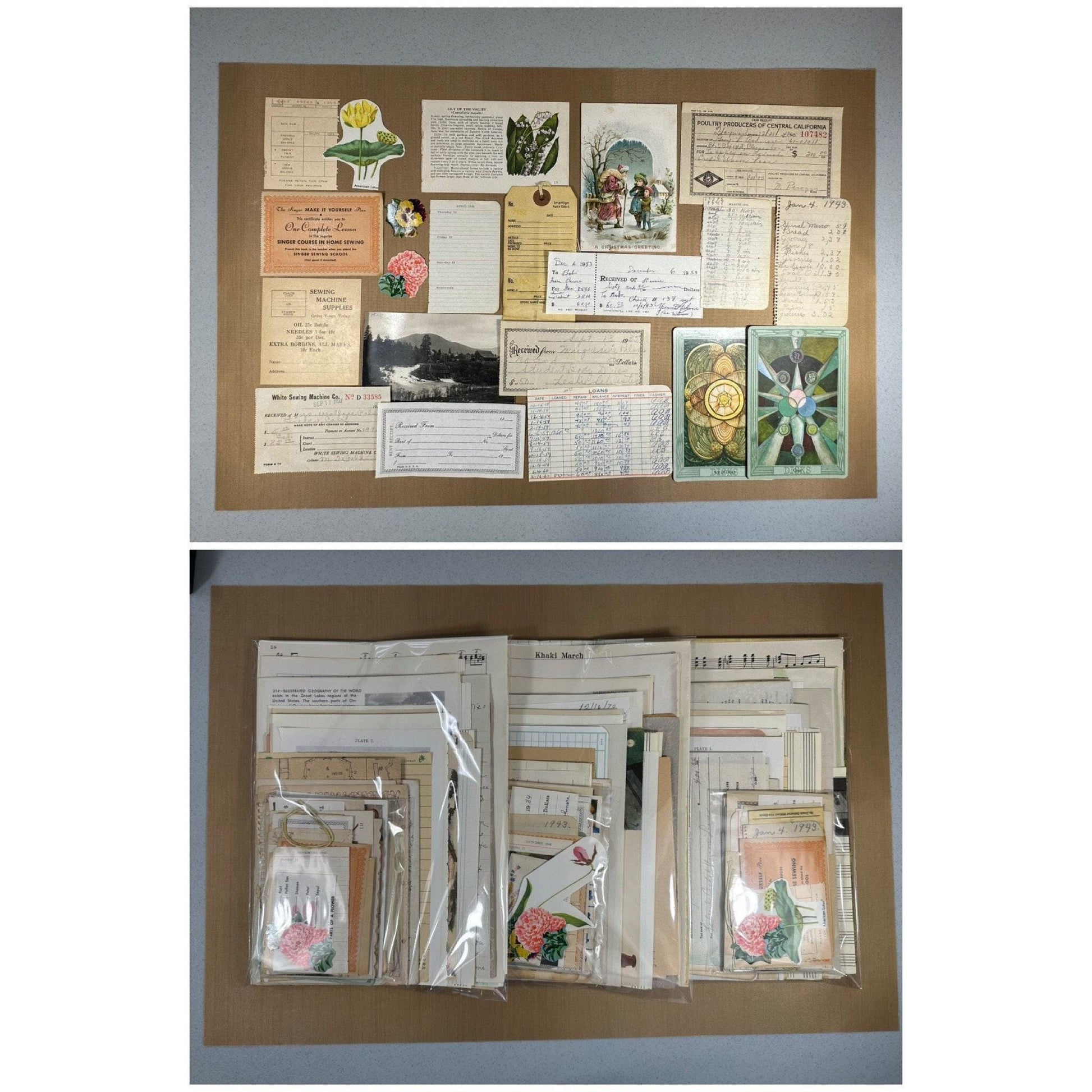 This shows a collection of vintage and antique paper ephemera in full pages and smaller items (etsy image id: 7760616442)