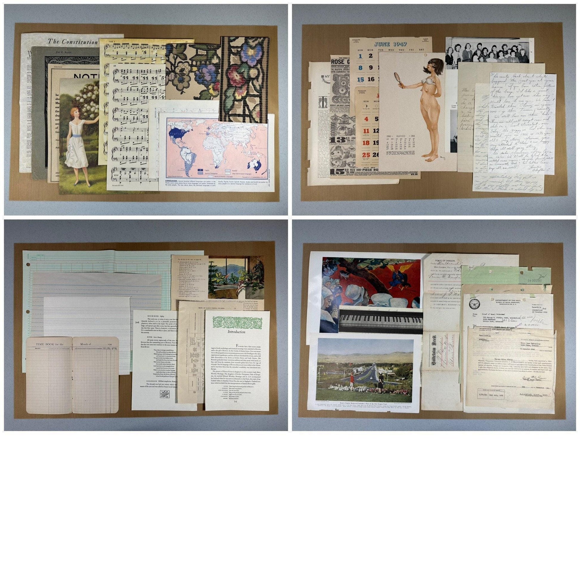 This shows a collection of vintage and antique paper ephemera in full pages and smaller items (etsy image id: 7760616478)