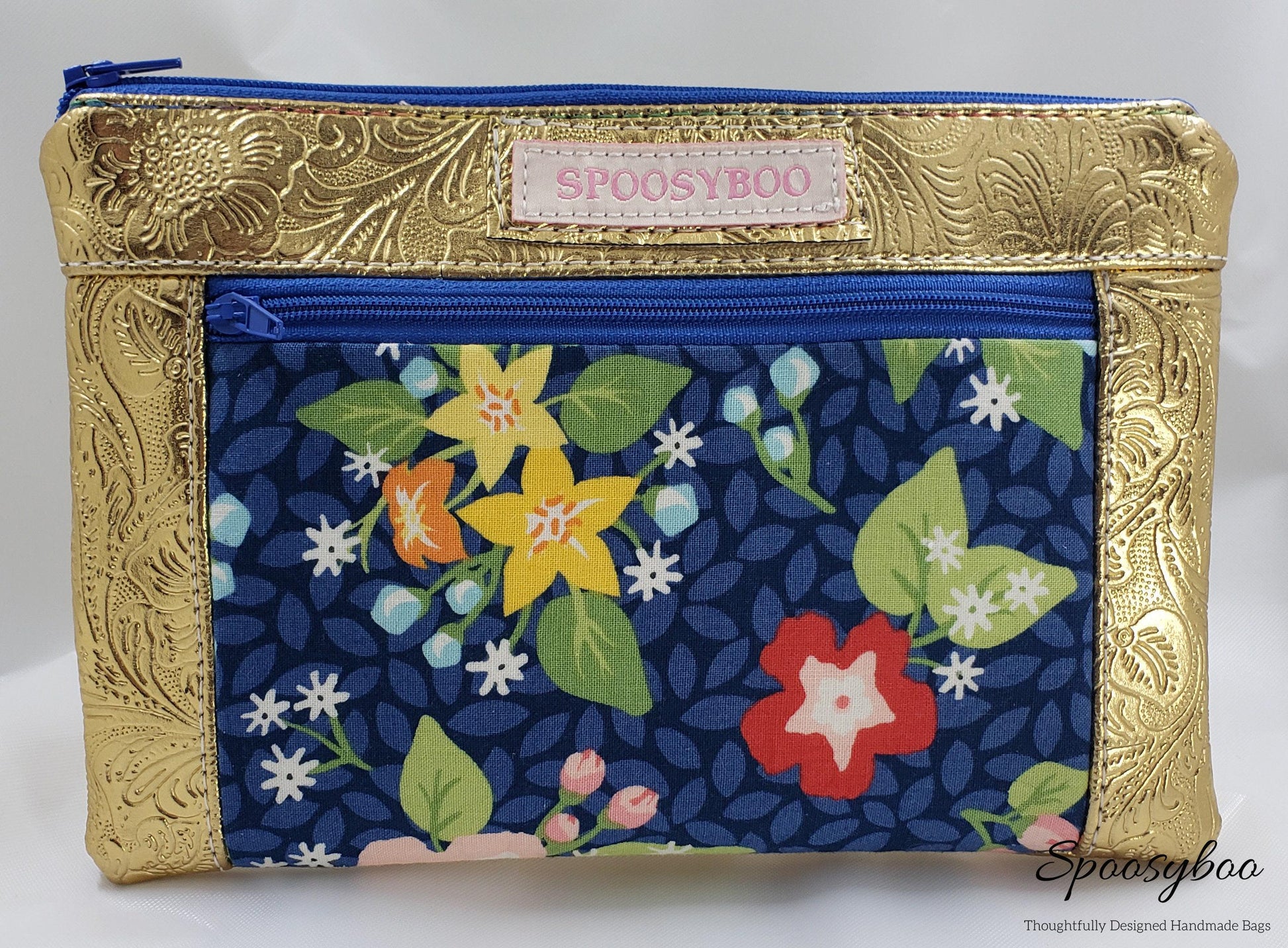 Blue Floral Cosmetic Bag: Gold Vegan Leather Clutch (etsy image id: 7760616926)