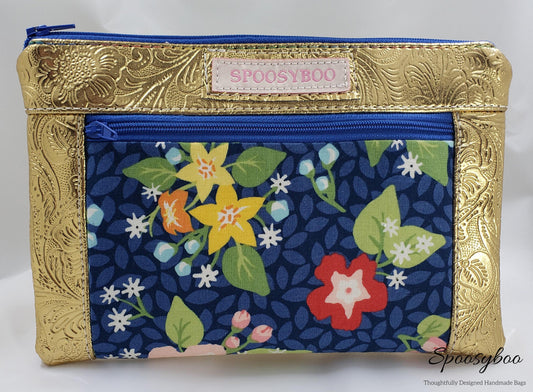 Blue Floral Cosmetic Bag: Gold Vegan Leather Clutch (etsy image id: 7760616926)