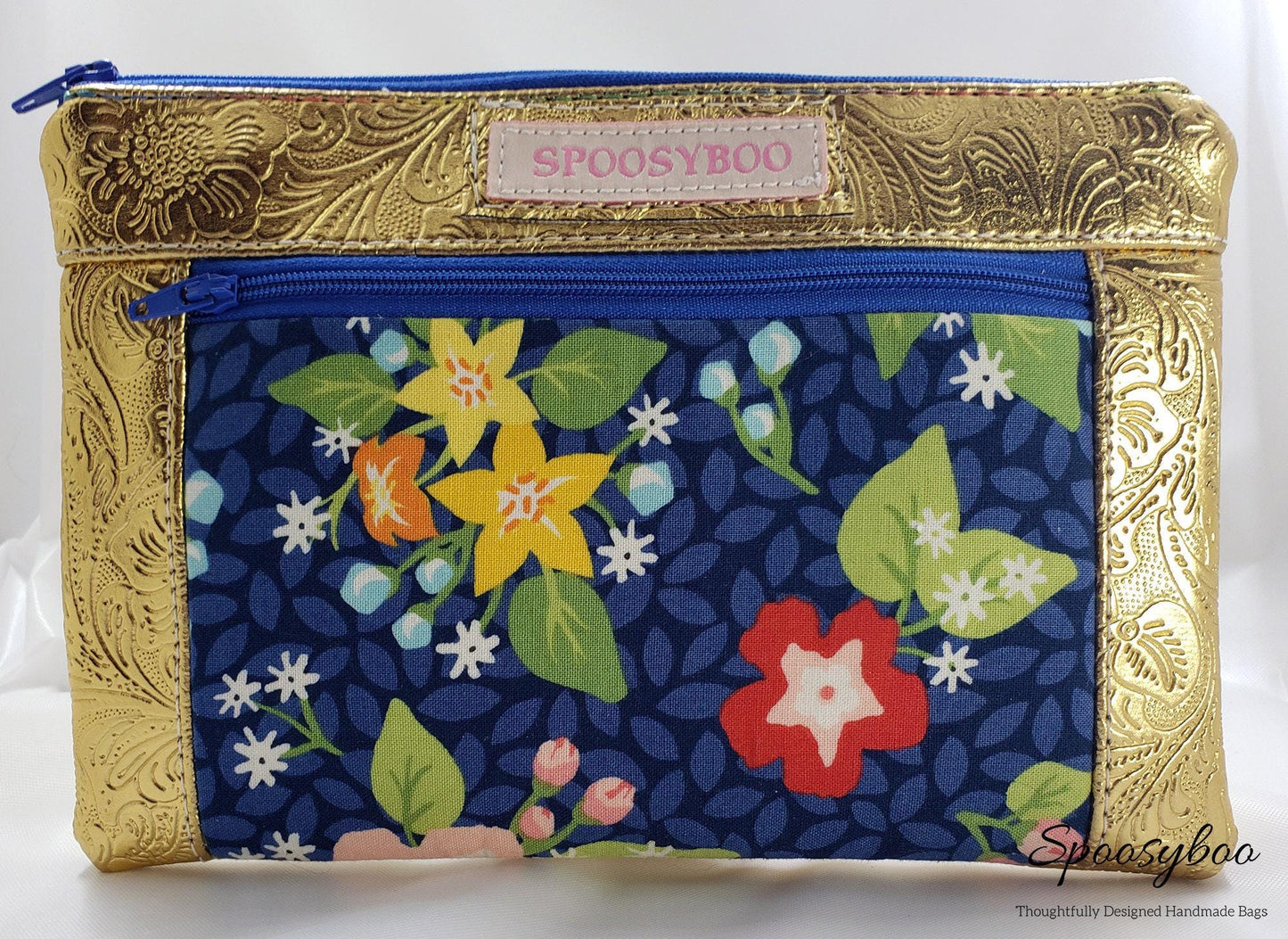 Blue Floral Cosmetic Bag: Gold Vegan Leather Clutch (etsy image id: 7760616976)