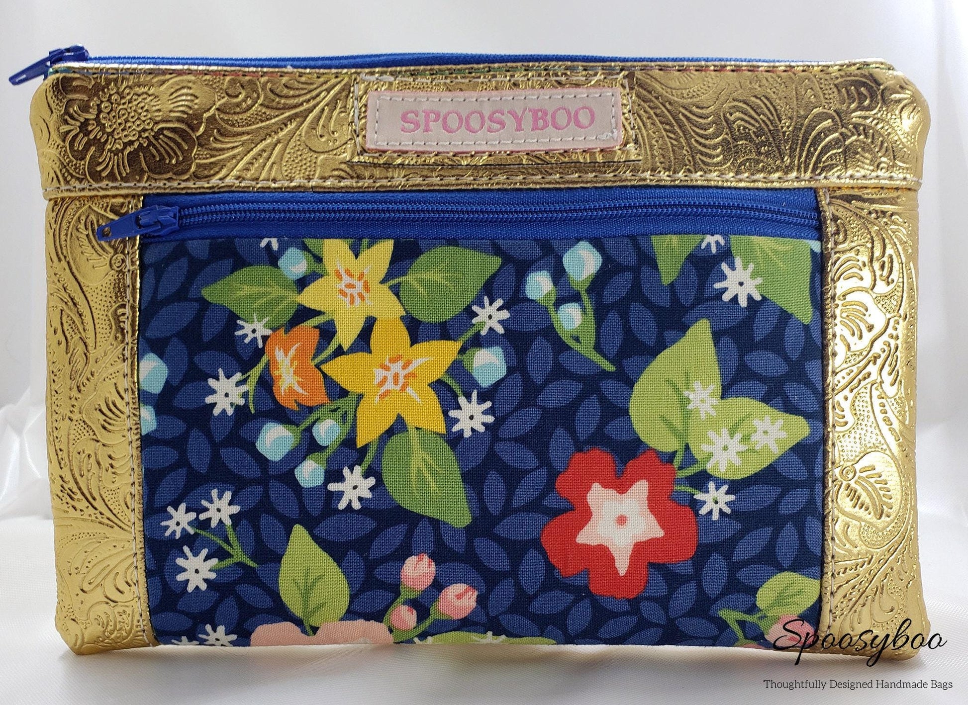 Blue Floral Cosmetic Bag: Gold Vegan Leather Clutch (etsy image id: 7760616976)