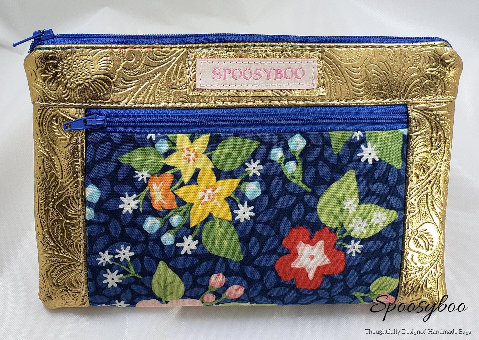 Blue Floral Cosmetic Bag: Gold Vegan Leather Clutch (etsy image id: 7760617036)