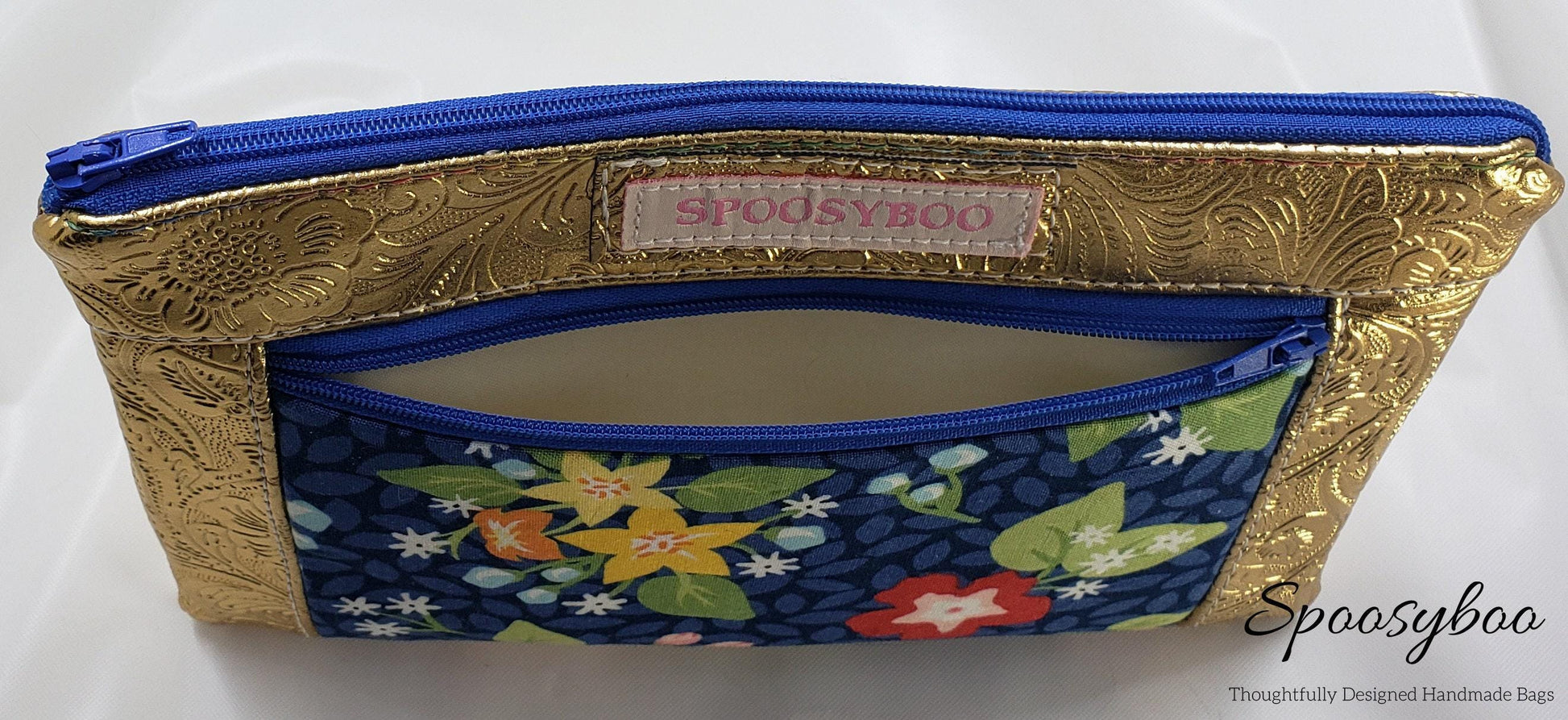 Blue Floral Cosmetic Bag: Gold Vegan Leather Clutch (etsy image id: 7760617068)