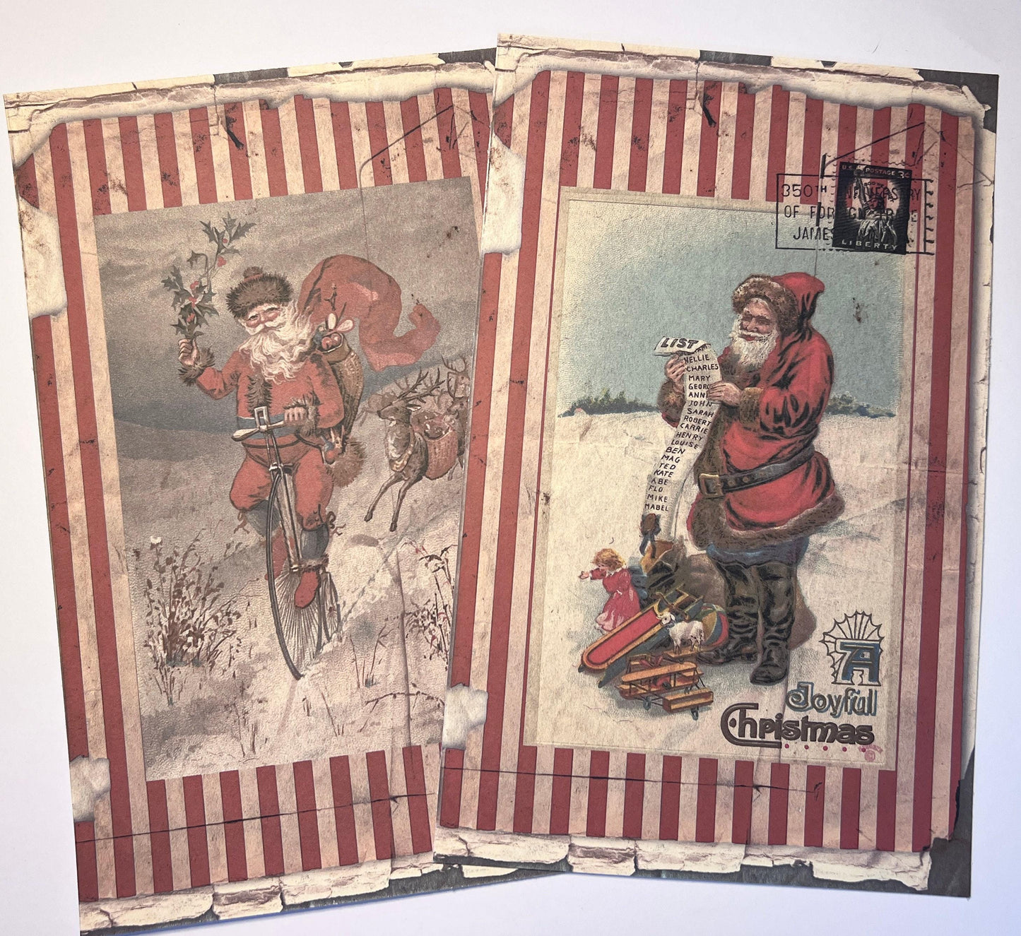 shows two large vintage images on vinyl sticker medium in reds and white with Santa (etsy image id: 7760622276)