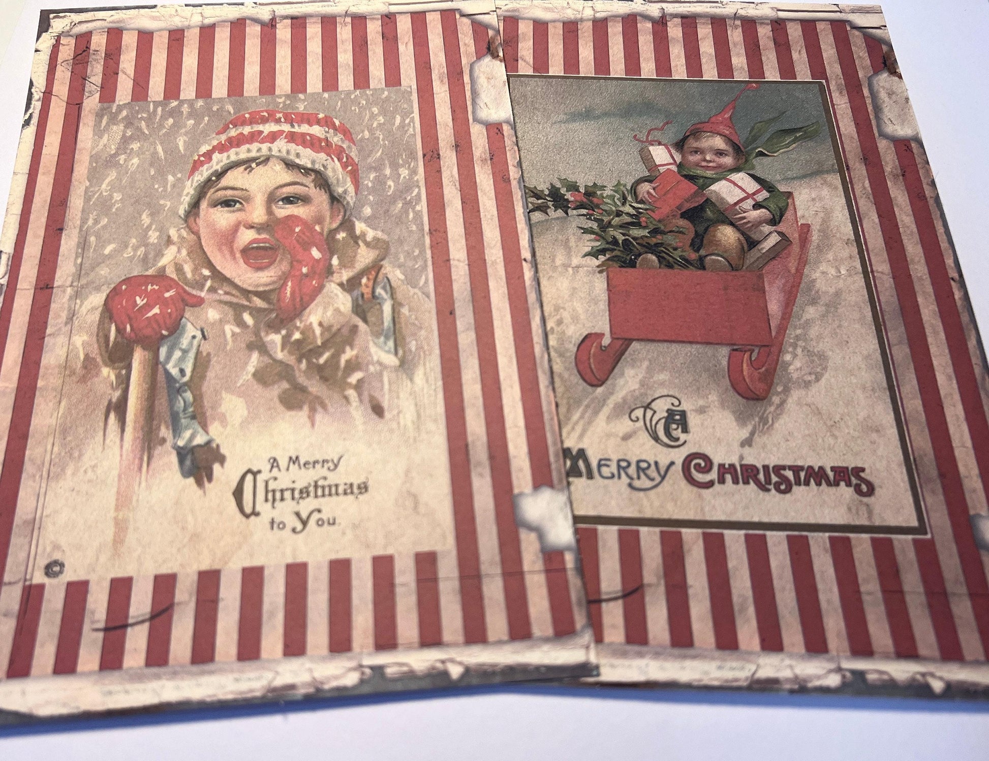 shows two large vintage images on vinyl sticker medium in reds and white with Santa (etsy image id: 7760622758)
