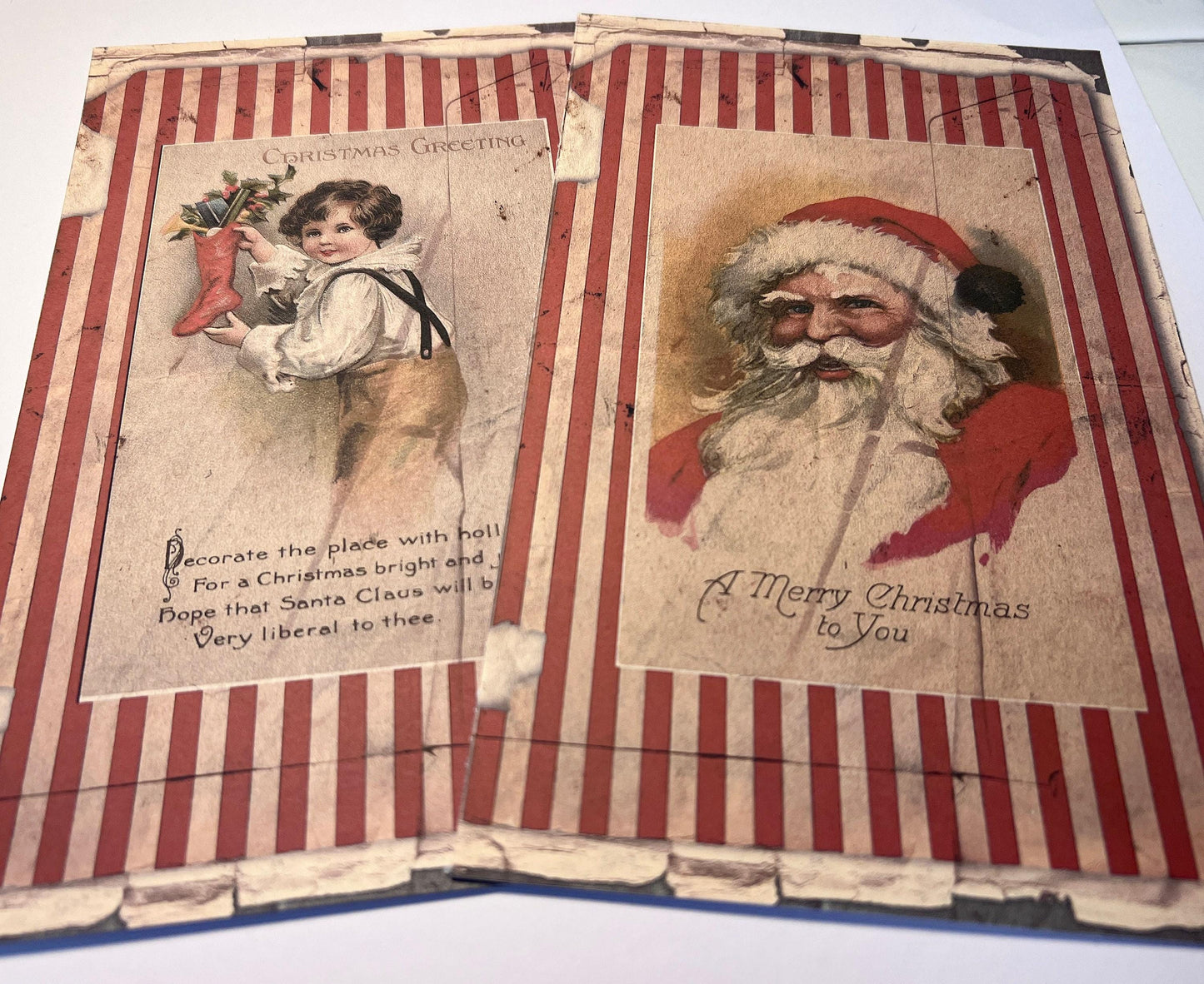 shows two large vintage images on vinyl sticker medium in reds and white with Santa (etsy image id: 7760622868)