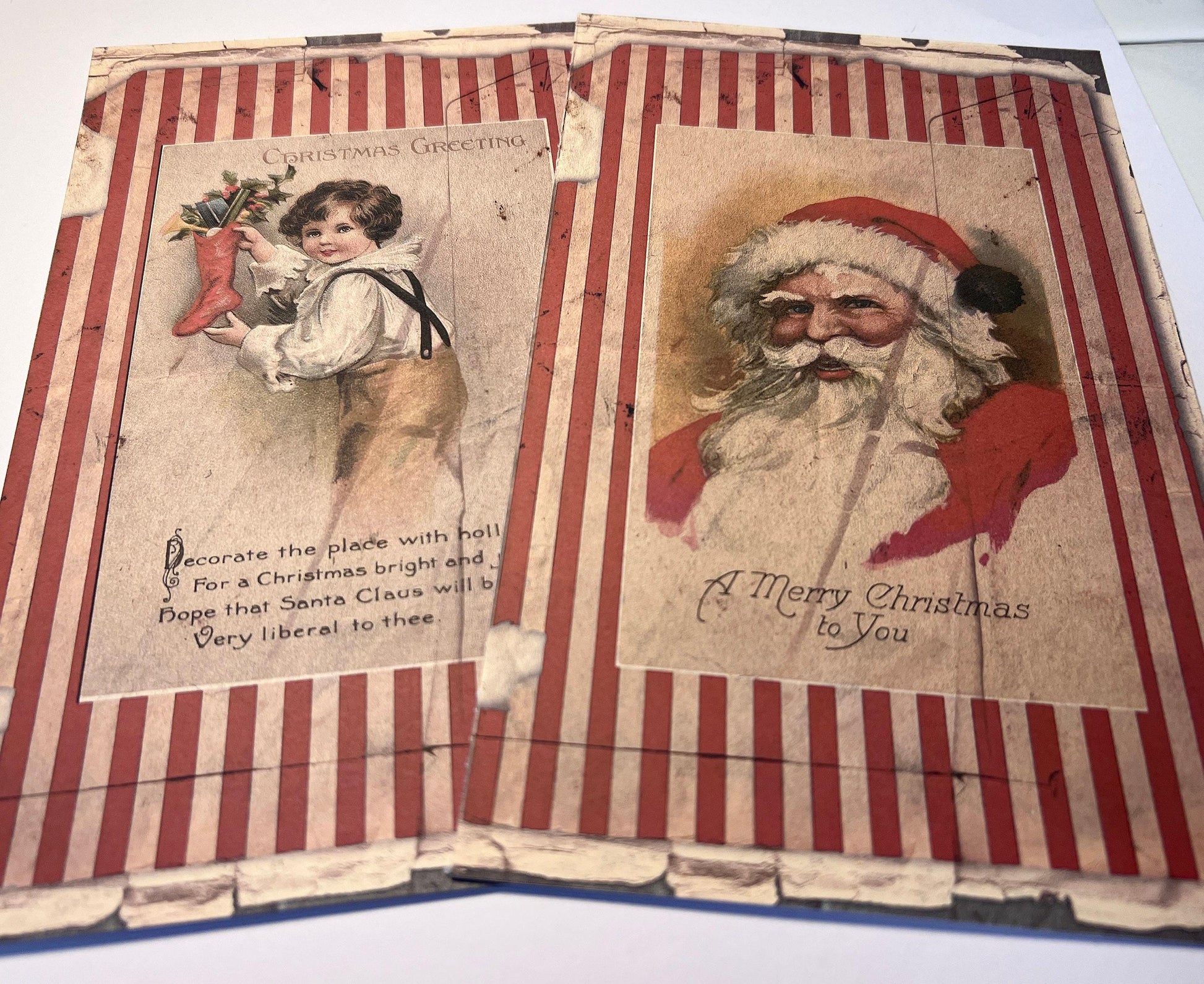 shows two large vintage images on vinyl sticker medium in reds and white with Santa (etsy image id: 7760622868)