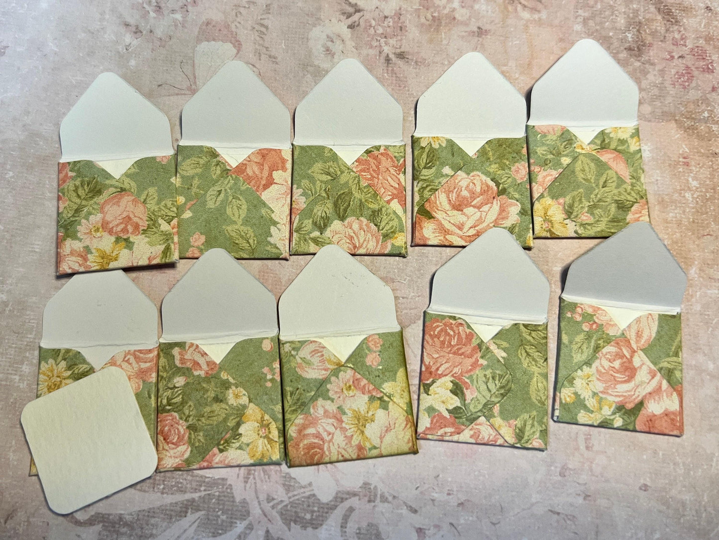 Envelopes, Miniature, green floral cardstock set of 10, 1” x 1” cottage-inspired (etsy image id: 7760671398)