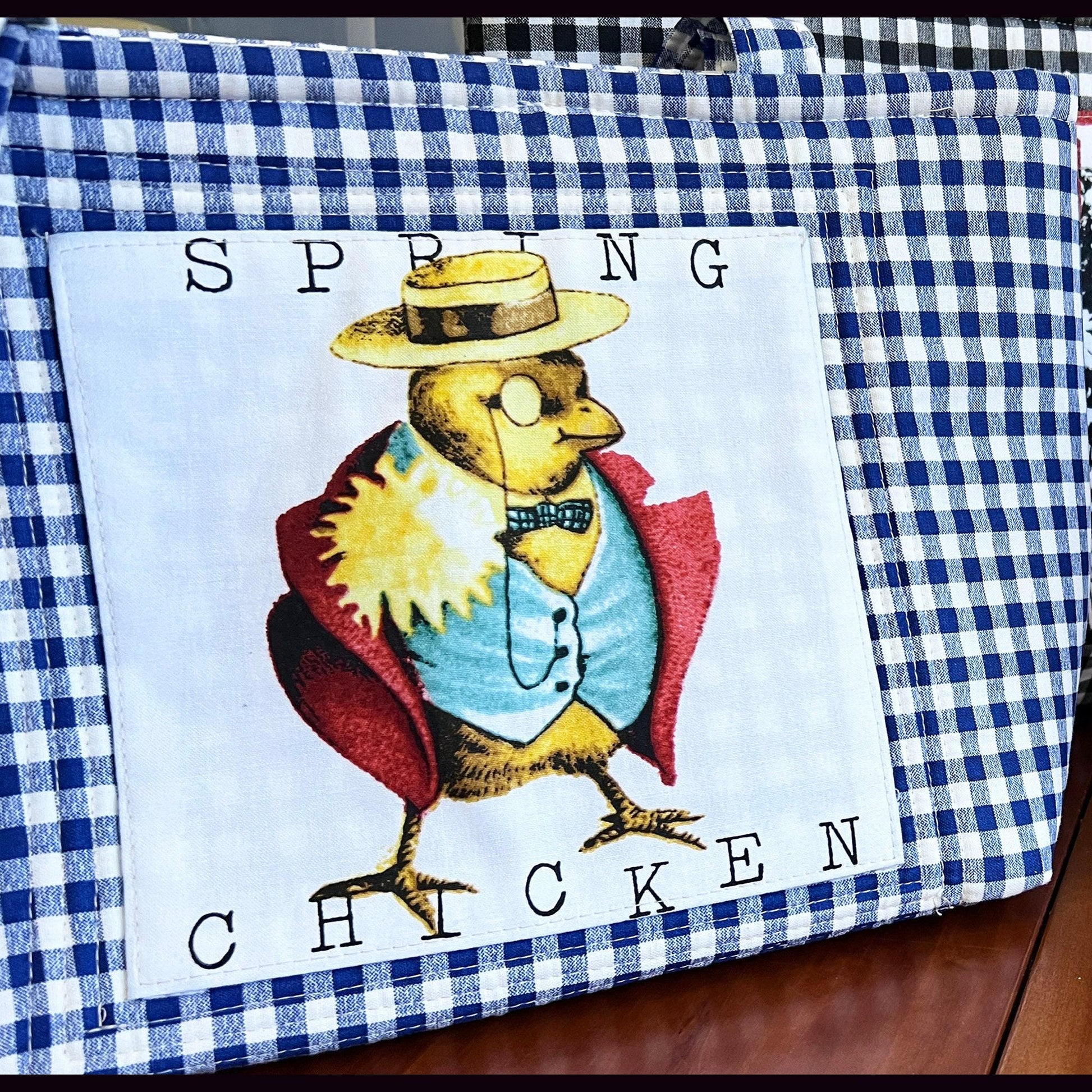 Spring Chicken Blue Gingham snap closure Tote Bag with picture on both sides of bag, market tote, handbag (etsy image id: 7760671532)