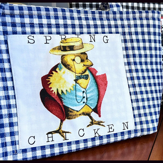 Spring Chicken Blue Gingham snap closure Tote Bag with picture on both sides of bag, market tote, handbag (etsy image id: 7760671532)
