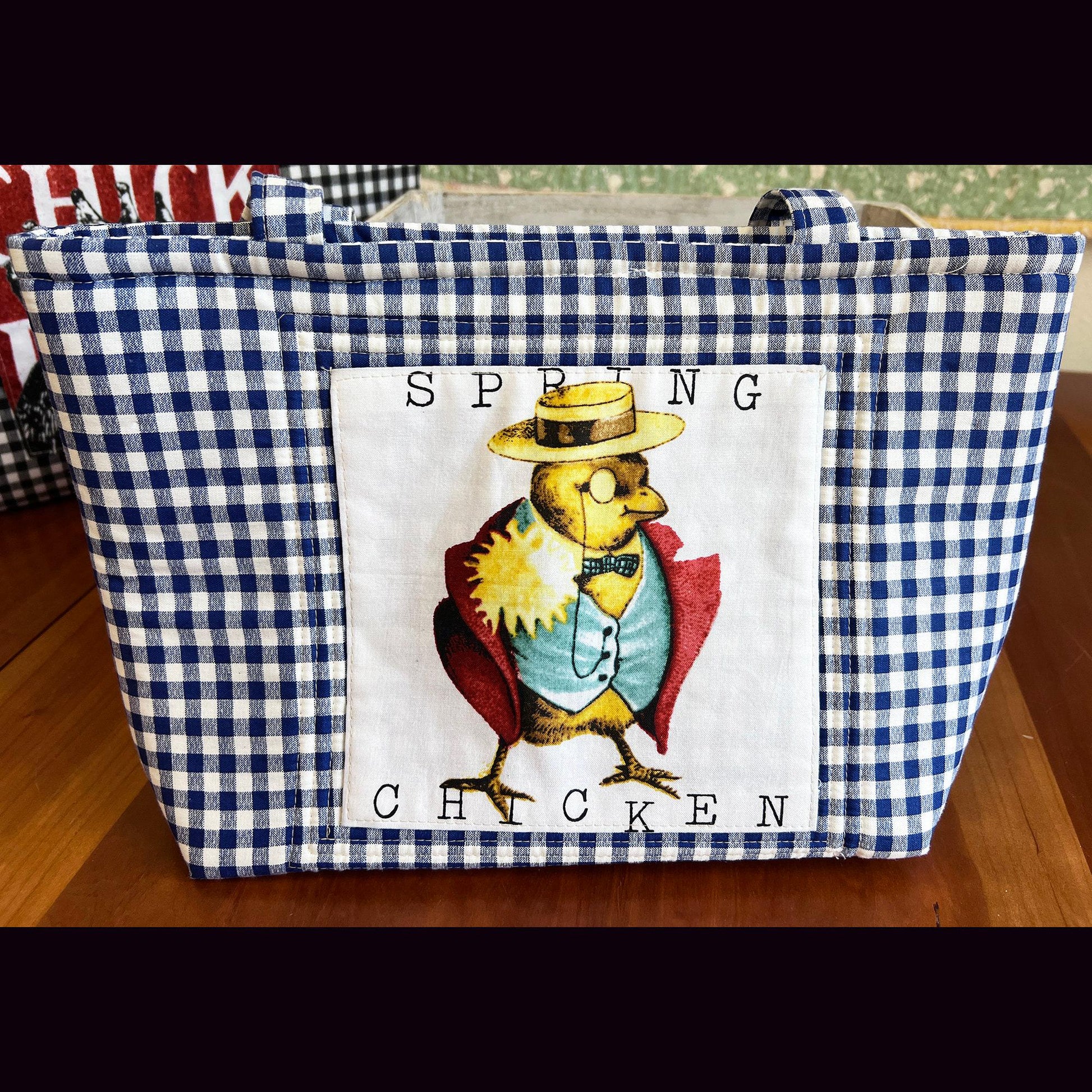 Spring Chicken Blue Gingham snap closure Tote Bag with picture on both sides of bag, market tote, handbag (etsy image id: 7760671622)