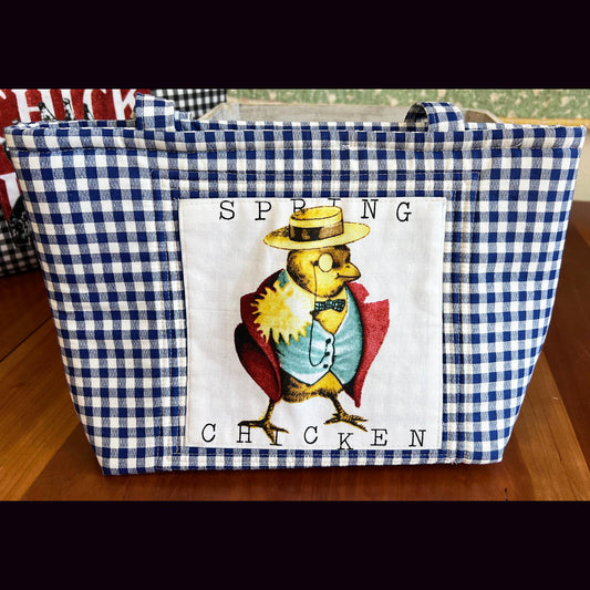 Spring Chicken Blue Gingham snap closure Tote Bag with picture on both sides of bag, market tote, handbag (etsy image id: 7760671622)