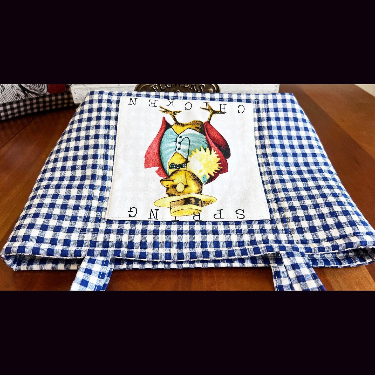 Spring Chicken Blue Gingham snap closure Tote Bag with picture on both sides of bag, market tote, handbag (etsy image id: 7760671742)