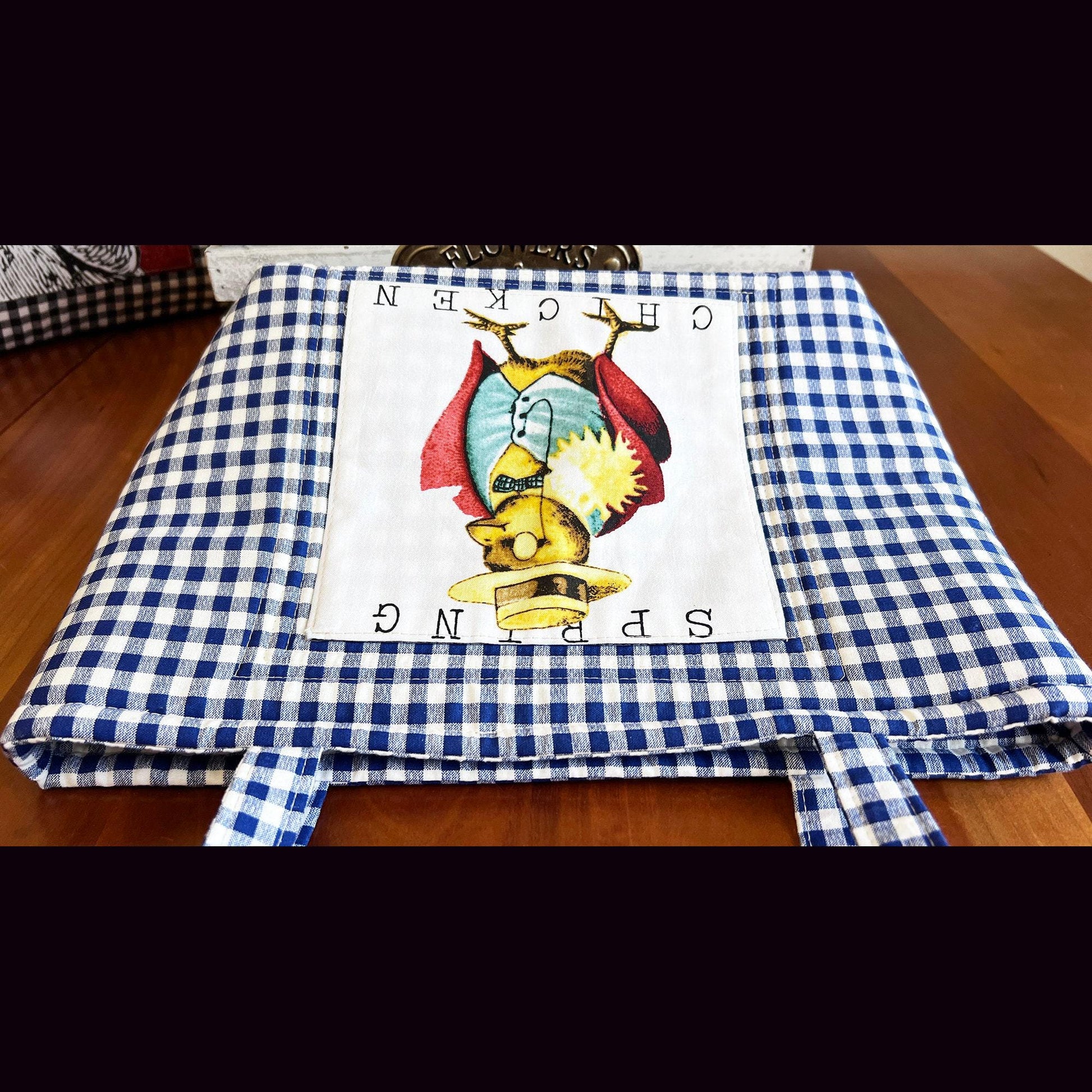 Spring Chicken Blue Gingham snap closure Tote Bag with picture on both sides of bag, market tote, handbag (etsy image id: 7760671742)