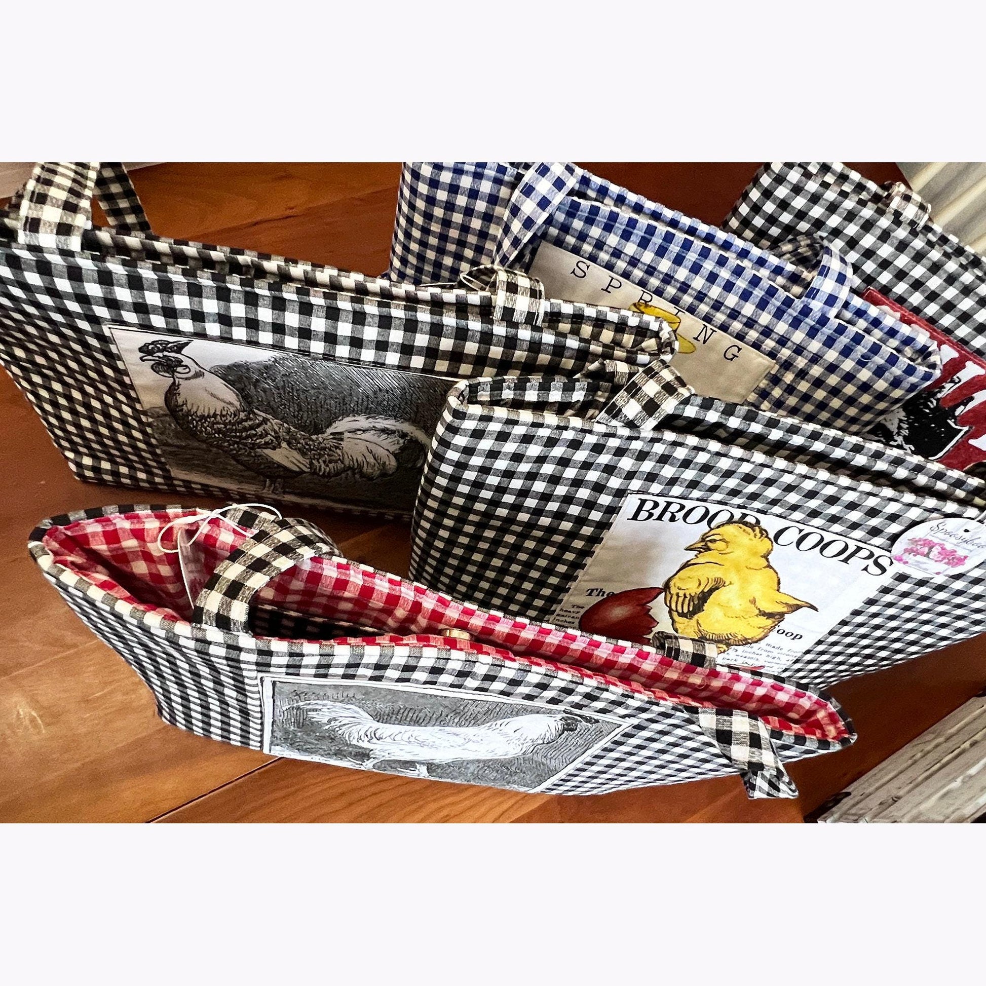 Spring Chicken Blue Gingham snap closure Tote Bag with picture on both sides of bag, market tote, handbag (etsy image id: 7760671766)