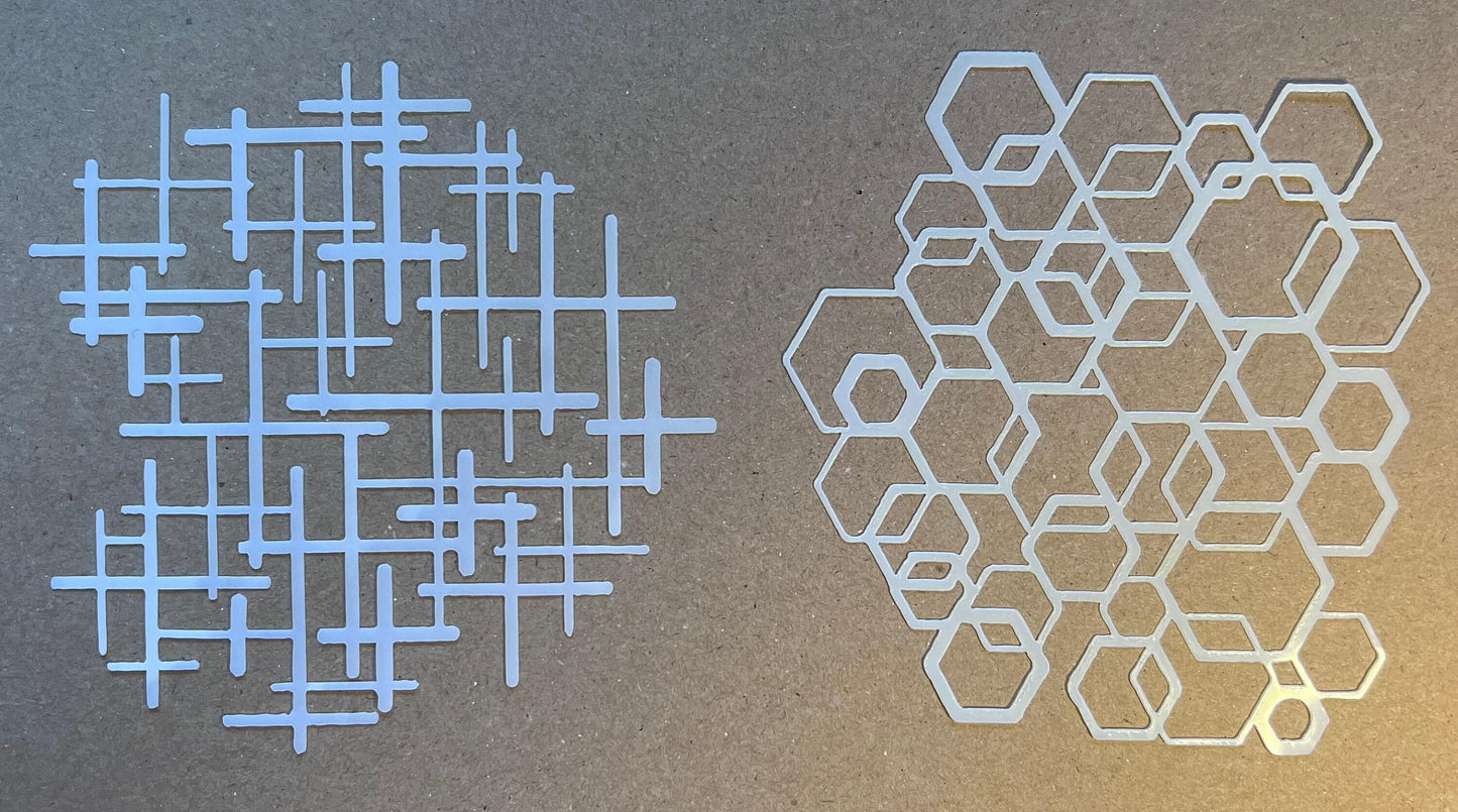 Hexagon and crossed lines  free edge stencils (etsy image id: 7763953996)