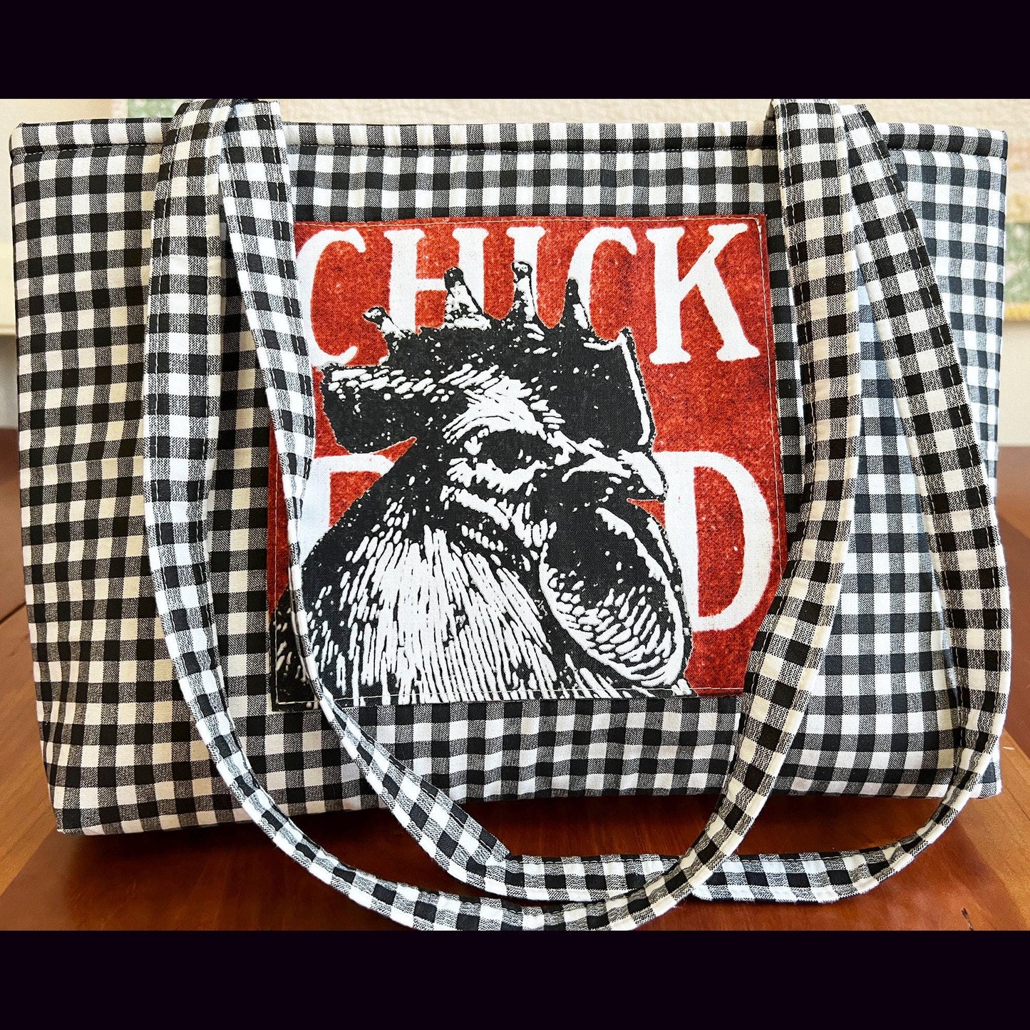 Chicken Market Tote: Black Gingham Handbag with Snap Closure (etsy image id: 7808561925)