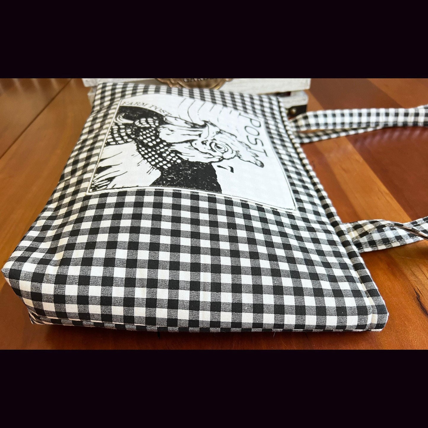 Chicken Market Tote: Black Gingham Handbag with Snap Closure (etsy image id: 7808562113)