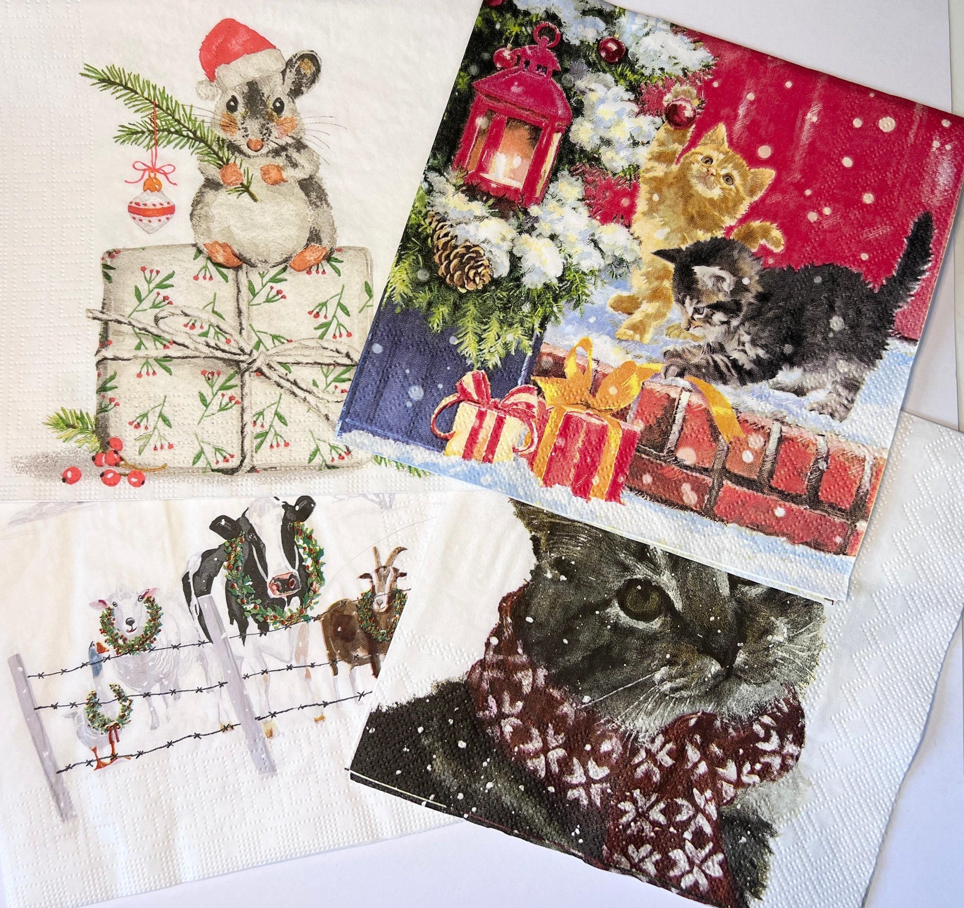 Christmas Napkins: Kitten, Cat, Mouse, Barnyard - Set of 8 (etsy image id: 7808562713)