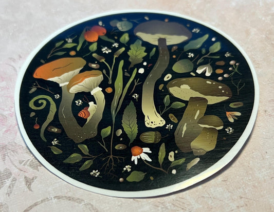 Mushroom sticker, round on black background stylized (etsy image id: 7808563551)