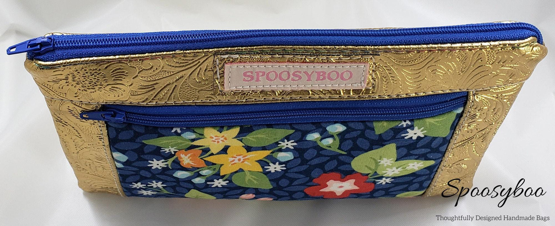 Blue Floral Cosmetic Bag: Gold Vegan Leather Clutch (etsy image id: 7808564211)