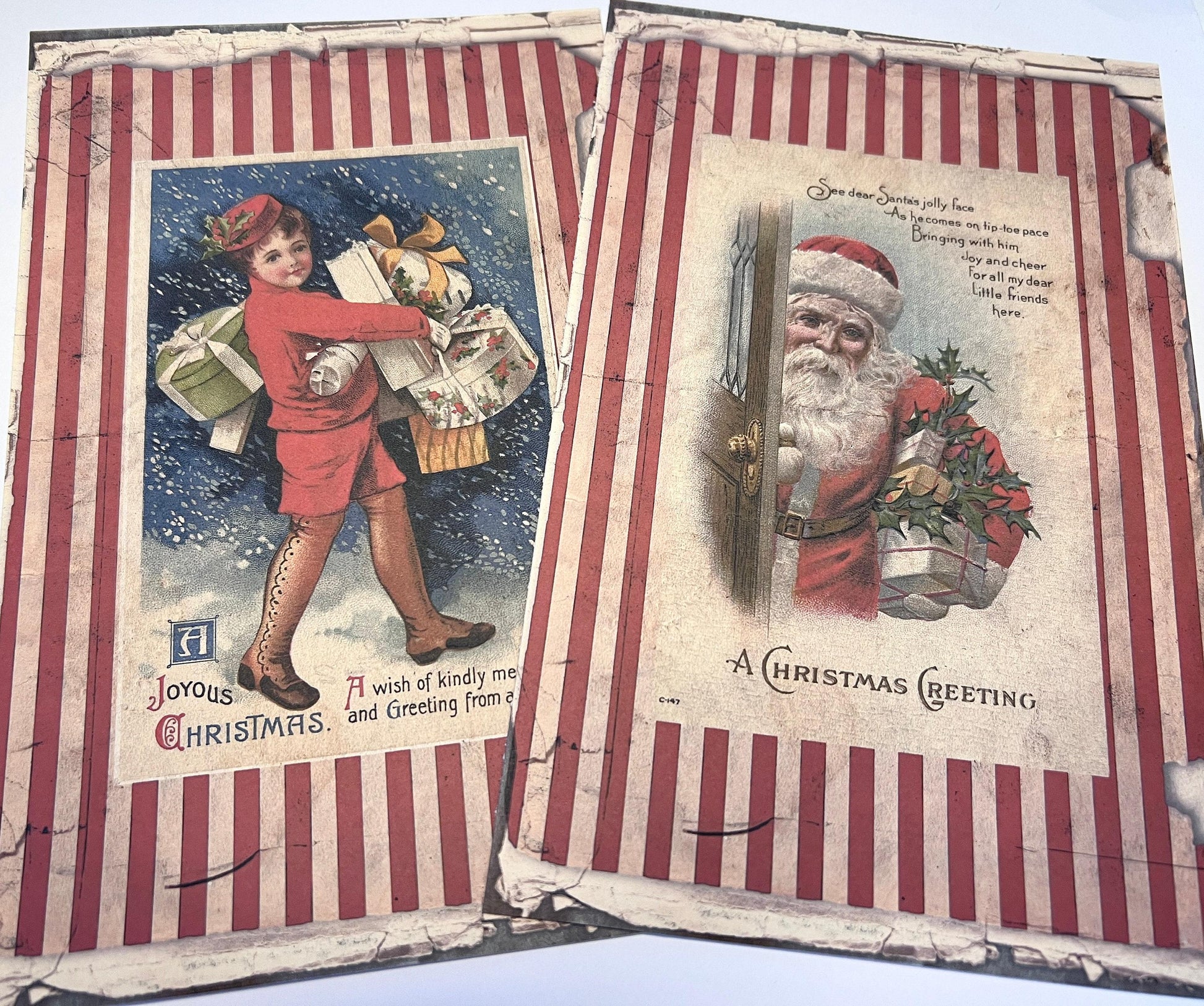 shows two large vintage images on vinyl sticker medium in reds and white with Santa and old fashion delivery boy with packages (etsy image id: 7808569743)