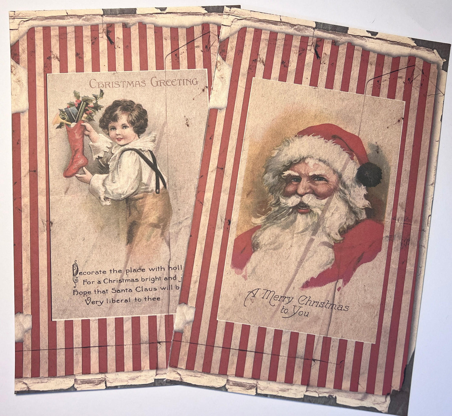 shows two large vintage images on vinyl sticker medium in reds and white with Santa and one with vintage boy hangin his stocking (etsy image id: 7808569897)