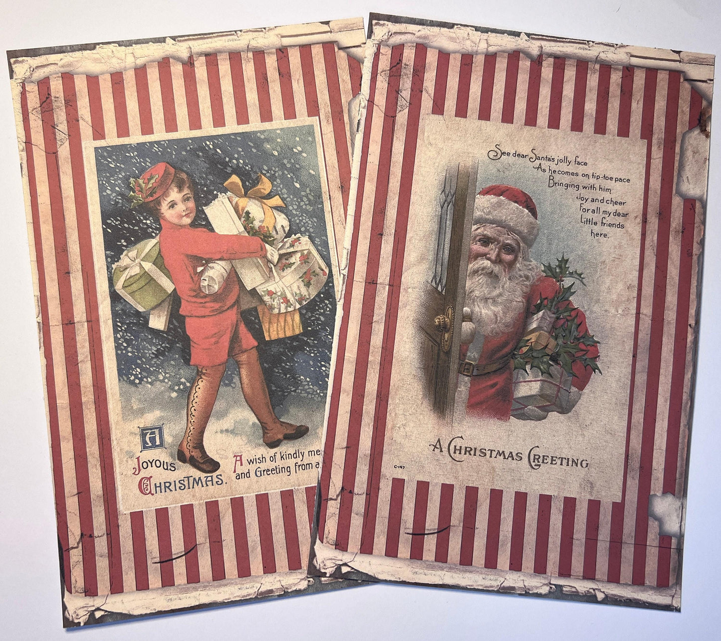 shows two large vintage images on vinyl sticker medium in reds and white with Santa (etsy image id: 7808569979)