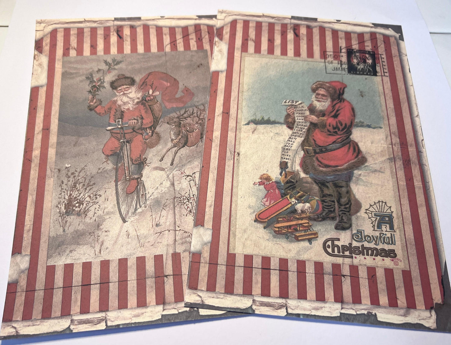 shows two large vintage images on vinyl sticker medium in reds and white with Santa (etsy image id: 7808570285)