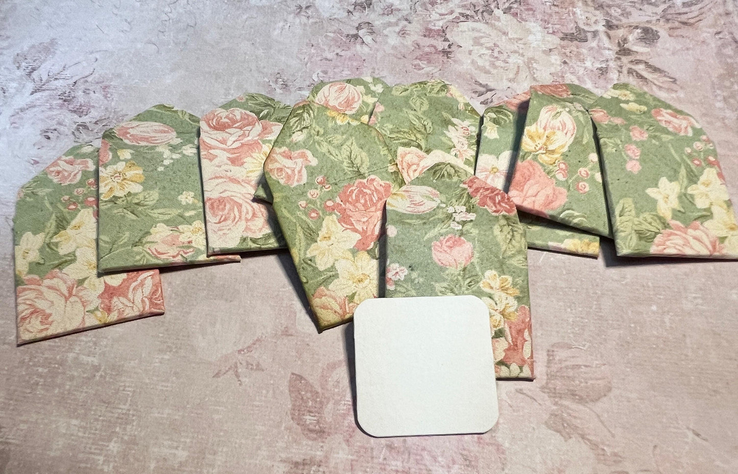 Envelopes, Miniature, green floral cardstock set of 10, 1” x 1” cottage-inspired (etsy image id: 7808618111)