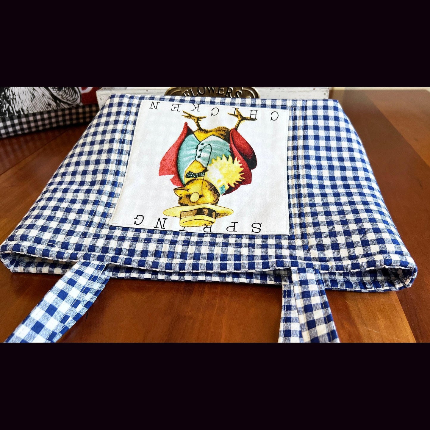Spring Chicken Blue Gingham snap closure Tote Bag with picture on both sides of bag, market tote, handbag (etsy image id: 7808618509)