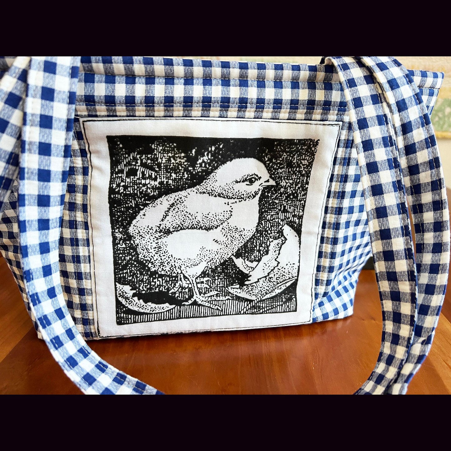 Spring Chicken Blue Gingham snap closure Tote Bag with picture on both sides of bag, market tote, handbag (etsy image id: 7808618553)