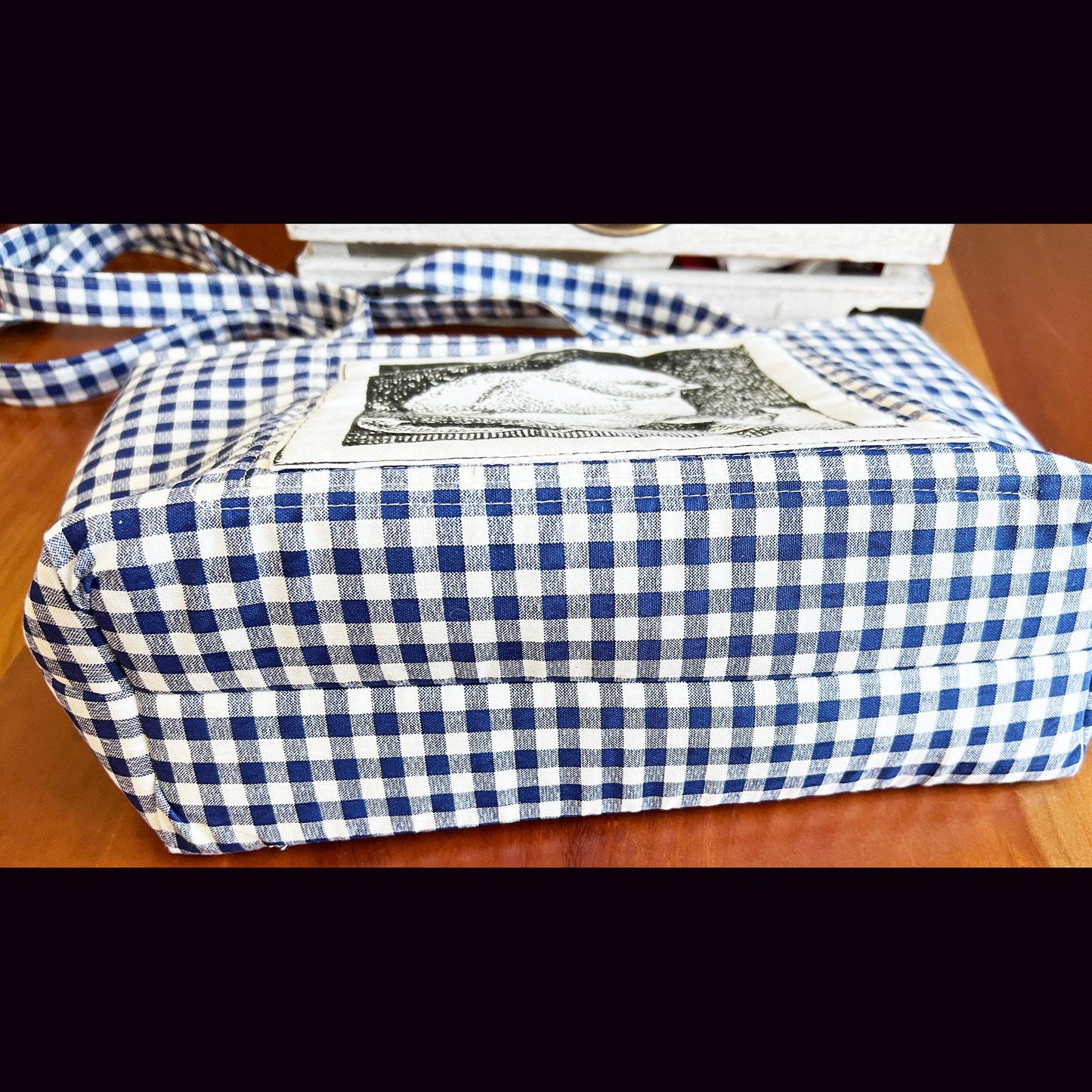 Spring Chicken Blue Gingham snap closure Tote Bag with picture on both sides of bag, market tote, handbag (etsy image id: 7808618591)