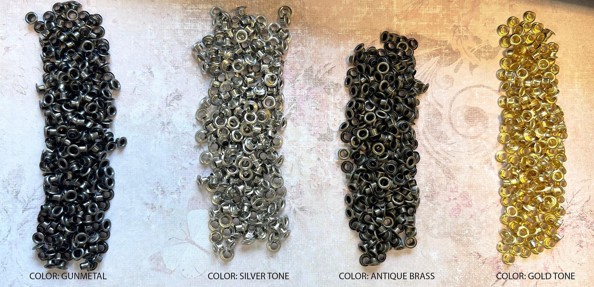 This image shows the four colors of the 3mm bead caps, gunmetal, Silver tone, Antique brass and gold tone (etsy image id: 7811905167)