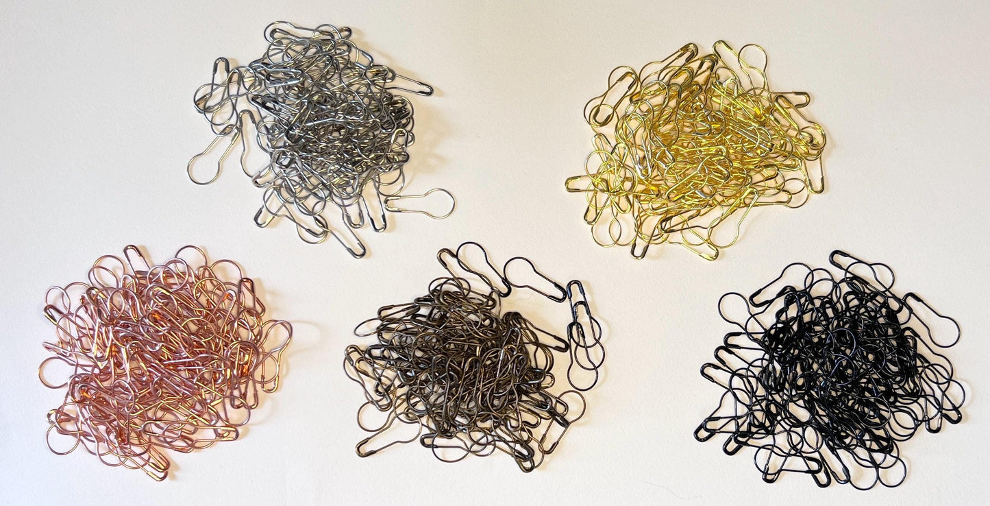 Five different color finishes on bulb pins, calabash pins, Silver tone, Goldtone, Copper tone, Antique bronze tone, black tone, sets of 25 or mixed set of with 5 of each color (etsy image id: 7811905743)